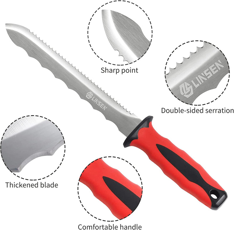 Linsen-Outdoor Stainless Steel Garden Knife with 7.8" Blade and Red Handle, Double Side Utility Sod Cutter Lawn Repair Garden Knife with Nylon Sheath