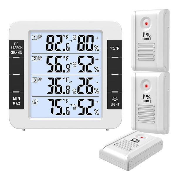 AMIR Upgraded Indoor Outdoor Thermometer, Digital Hygrometer Thermometer with 3 Wireless Sensors, Room Thermometer Humidity Meter with LCD Backlight, 4.6'' Large Display Wireless Thermometer for Home