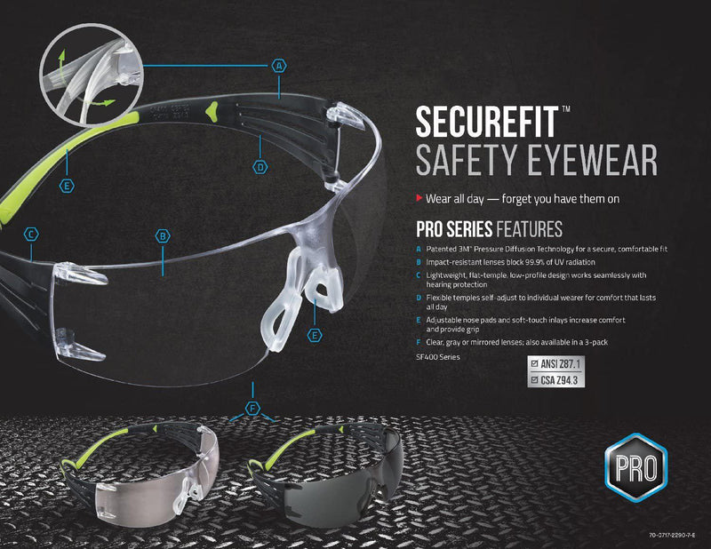 3M SecureFit 400 Eye Protection Clear, Mirror, Anti Fog SF400-W (Pack of 3)