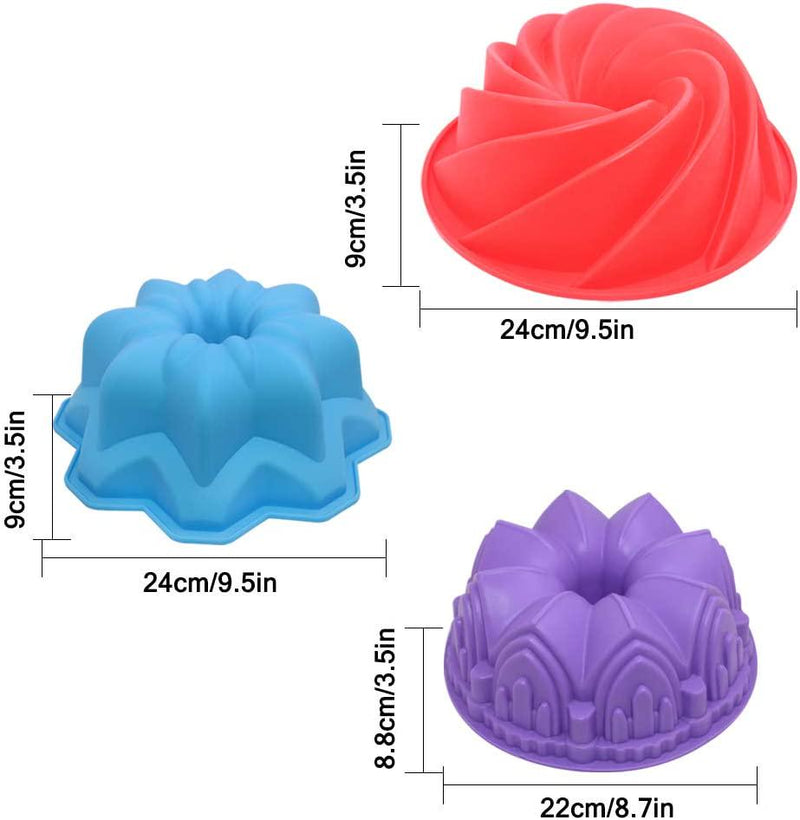 3 Pcs Silicone Cake Bread Baking Molds, AIFUDA Large Swirl Cake Mold Castle Cake Mold and Double Flower Cake Mold for Birthday Party DIY