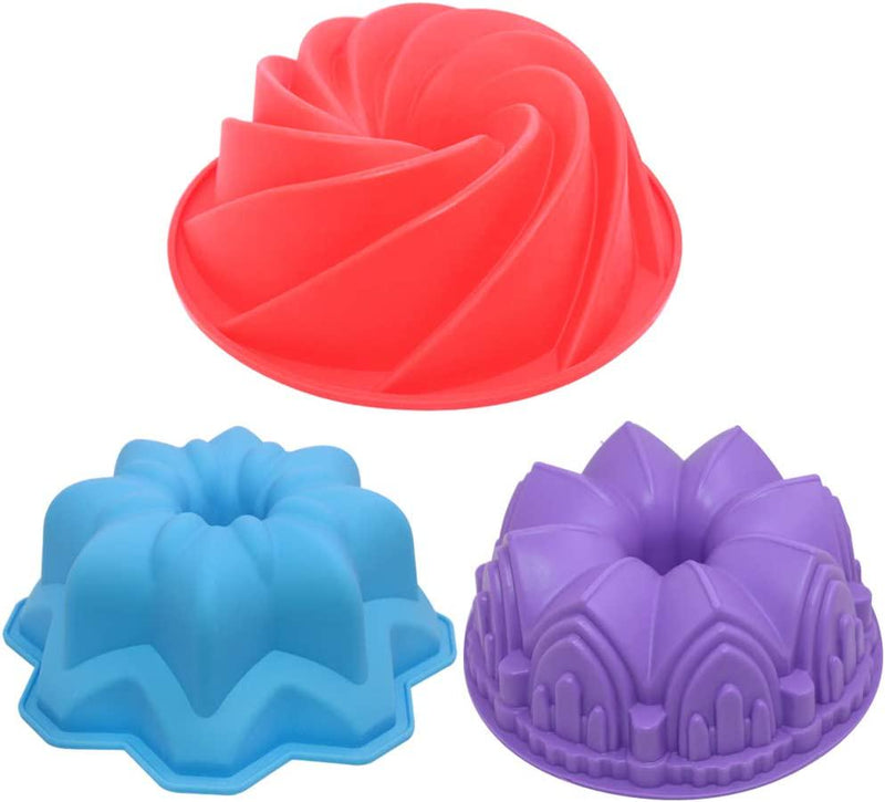 3 Pcs Silicone Cake Bread Baking Molds, AIFUDA Large Swirl Cake Mold Castle Cake Mold and Double Flower Cake Mold for Birthday Party DIY