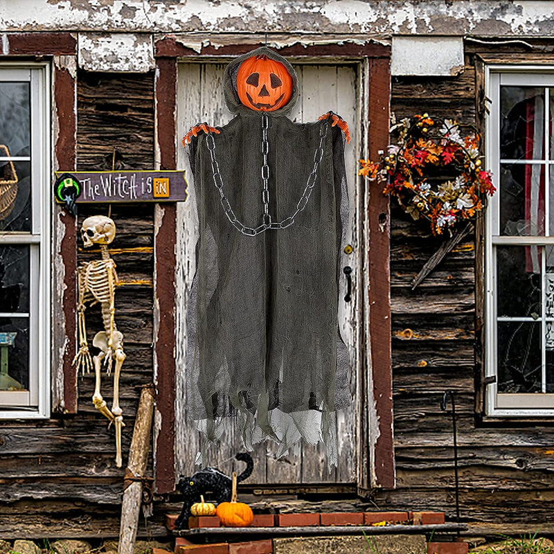 DR.DUDU Halloween Decorations 6 FT Hanging Ghost Pumpkin with Creepy Voice & Glowing Eyes, Pumpkin Grim Reapers Outdoor Party Decor for Yard Tree Porch Haunted House Prop