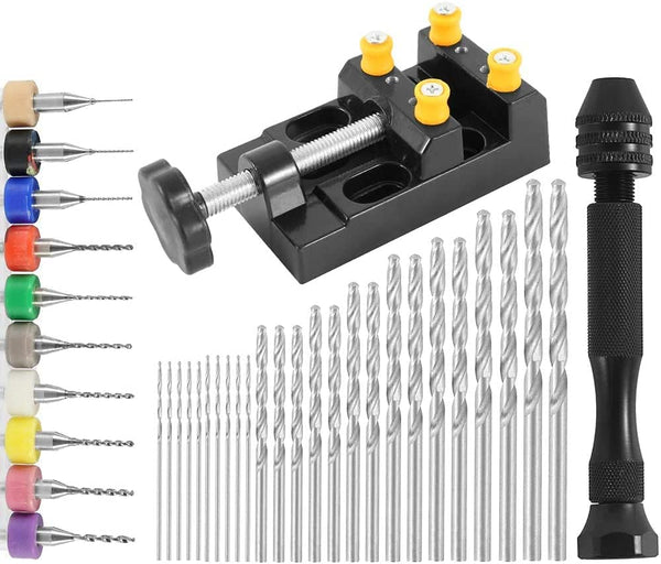 37Pcs Hand Drill Set Include Pin Vise Hand Drill, 0.3-1.2Mm PCB Mini Drills and 0.5-3.0 Twist Drills and Bench Vice for Wood, Jewelry, Plastic, Craft Carving, DIY Drilling, Electronic Assembling