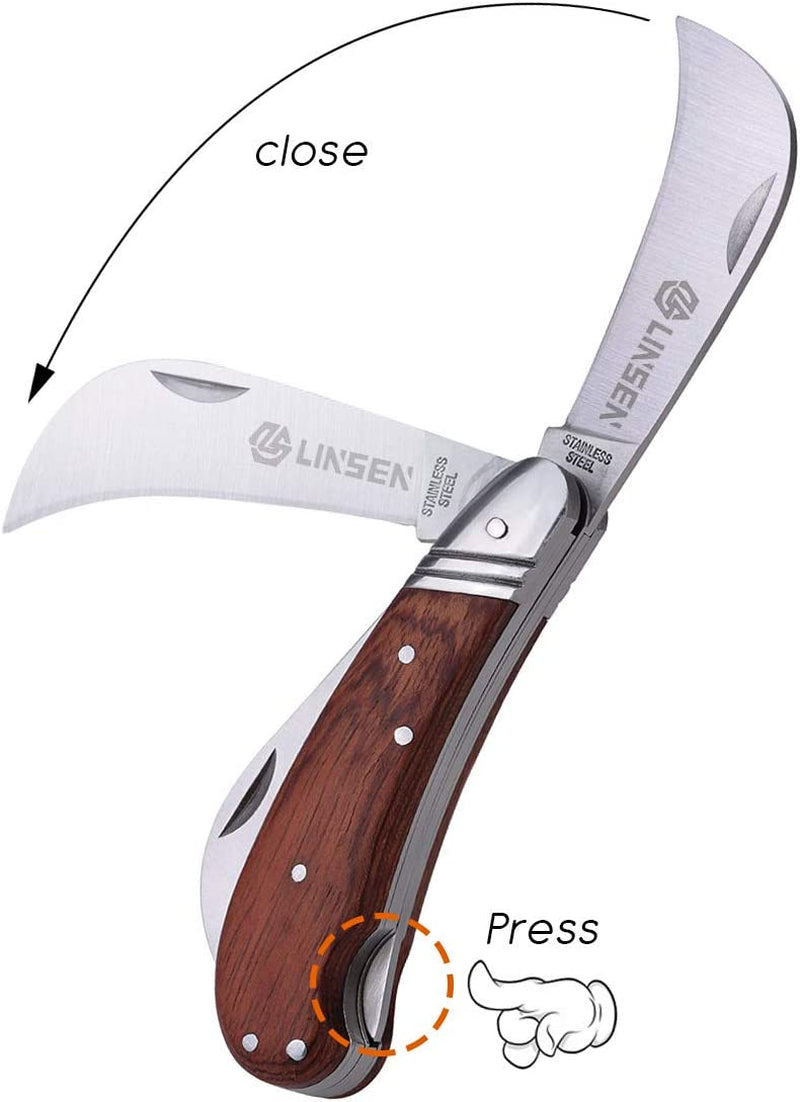 Pruning Knife, Double Blade Grafting Knife, Stainless Steel Garden Budding Knife, Linsen-Outdoors Folding Pocket Knife for Grafting Multi Cutting Tool, Weed Bushes Branches Mushroom Diggig Knife