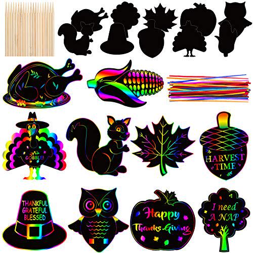 40pcs Thanksgiving Scratch Paper Art Set for Kid- Fall Thanksgiving Rainbow Magic Scratch off Art Crafts Supplies-Thanksgiving Turkey Maple Pumpkin Hanging Ornaments-10 Styles Magic Art Craft Supplies