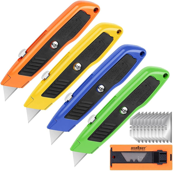HORUSDY 4-Pack Utility Knife Box Cutter, SK5 Heavy Duty Aluminum Shell Retractable Box Cutter for Cardboard, Boxes and Cartons, Extra 10 Blades.