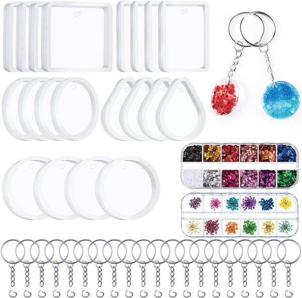 42 Pieces Silicone Resin Keychain Mold Set, Jewelry Pendant Casting Mold DIY Epoxy Keychain Mold with Keychain Rings, Dried Flower and Round Sequins for DIY Craft Making Supplies