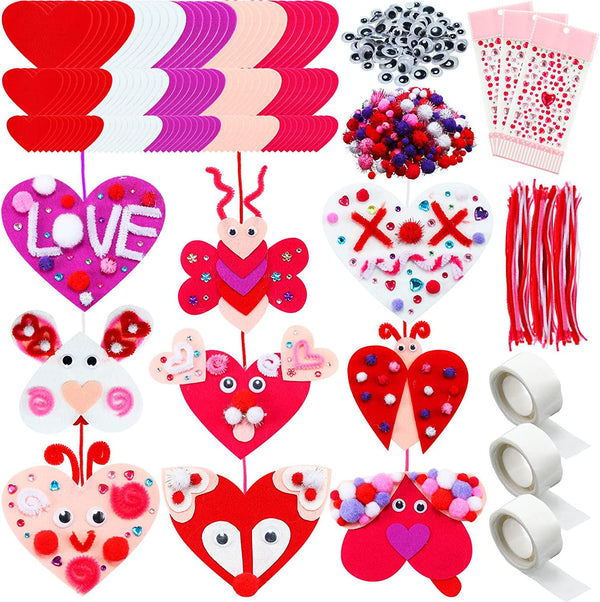 436 Pieces Valentine&#039;s Day Felt Heart Craft Kit Assorted DIY Heart Ornaments Decorations with Pom-poms Cleaners Googly Eyes Gem Sticker Craft Supply for DIY Craft Party Favor Scrapbook Decor