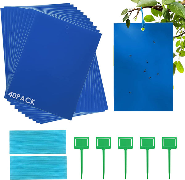 Sticky Traps 40 Sheets, Geeric Blue Sticky Fruit Fly and Plant Gnat Bug Traps 8X6 Inch, Dual-Sided Sticky Traps for Indoor/Outdoor Use with Twist Ties and Plastic Holders