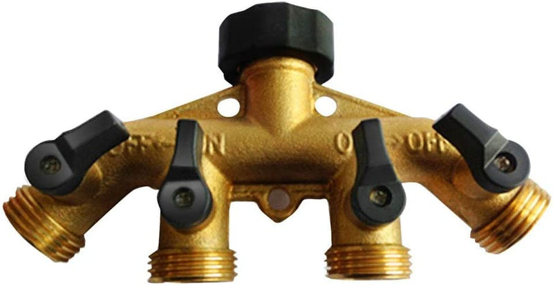 NUZAMAS 4 Way Solid Brass Hose Splitter 4-Way Hose Connector with Shut off Valves, 3/4" Tap & Outlets, Use up to 4 Hoses at Once and 4 Quick Connectors Adaptors