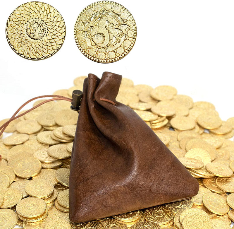 50 DND Coins Fantasy Coins and Leather Bag Metal Tokens Game Coins for Board Games Table RPG Board Game Accessories Golden Suit for Dungeons and Dragons Medieval Game Retro DND Props