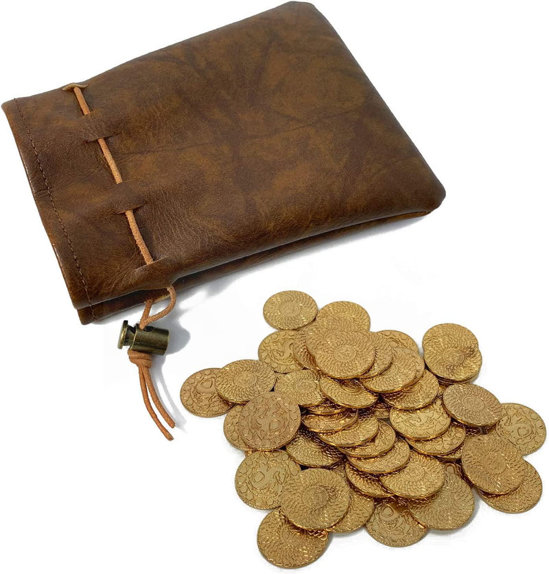 50 D&D Fantasy Metal Gold Coins and Leather Pouch for Dungeons and Dragons Novelty Tabletop RPG Board Games Tokens Treasure Coins for Party Tablelap Games Accessories Addons Medieval Game Retro Props