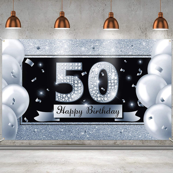50th Happy Birthday Backdrop Banner Large Black and Silver 50 Anniversary Sign Poster 50th Birthday Party Decoration for Men and Women 50th Birthday Party Supplies