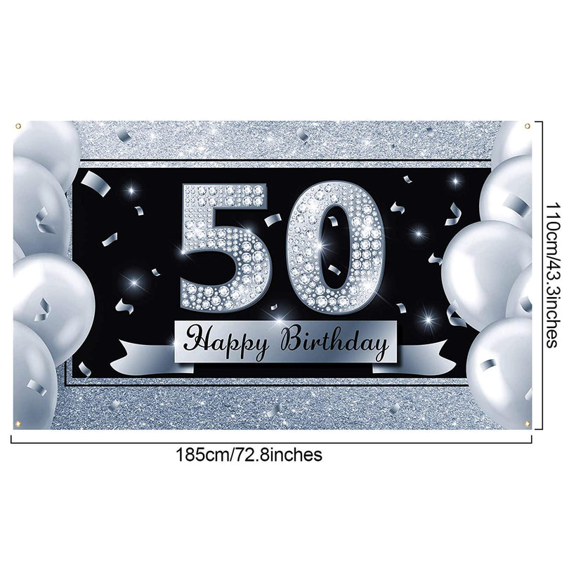 50th Happy Birthday Backdrop Banner Large Black and Silver 50 Anniversary Sign Poster 50th Birthday Party Decoration for Men and Women 50th Birthday Party Supplies