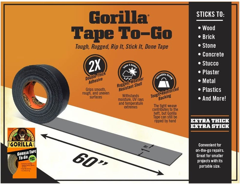 Gorilla Tape, Mini Duct Tape To-Go, 1" X 10 Yd Travel Size, Black, (Pack of 3)