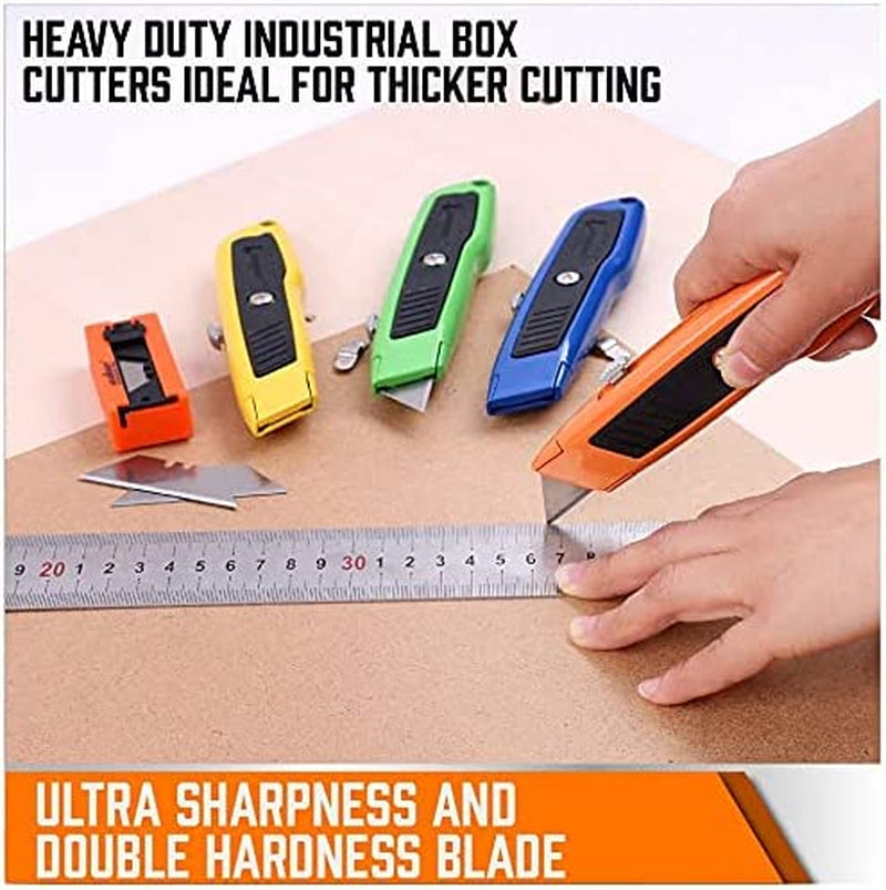 HORUSDY 4-Pack Utility Knife Box Cutter, SK5 Heavy Duty Aluminum Shell Retractable Box Cutter for Cardboard, Boxes and Cartons, Extra 10 Blades.