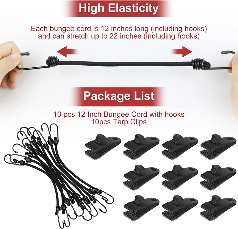 Vashly Bungee Cords with Hooks 20 Pack 12 Inch Bungee Cords Heavy Duty Outdoor with Tarp Clips, Black Bungee Straps with Metal Hooks for Bikes Tie Downs Camping Cargo Luggage Outdoor