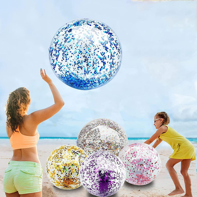 5 Pack Beach Ball Jumbo Pool Toys Balls Giant Confettis Glitters Inflatable Clear Beach Ball Swimming Pool Water Beach Toys Outdoor Summer Party Favors for Kids Adults