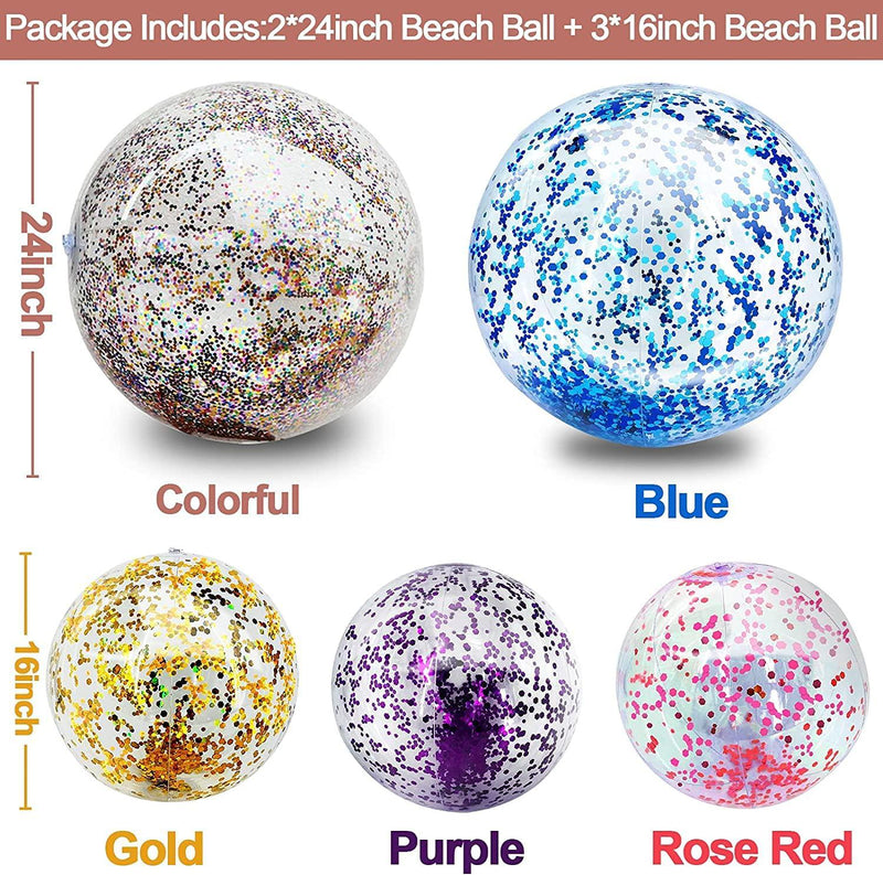 5 Pack Beach Ball Jumbo Pool Toys Balls Giant Confettis Glitters Inflatable Clear Beach Ball Swimming Pool Water Beach Toys Outdoor Summer Party Favors for Kids Adults