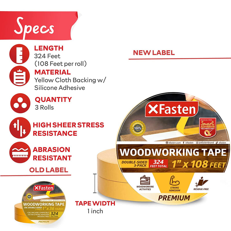 XFasten Double Sided Woodworking Tape, 1-Inch by 36-Yards, 3-Pack - Double  Face Woodworker Turner's Tape for Wood Template, Removable & Residue Free