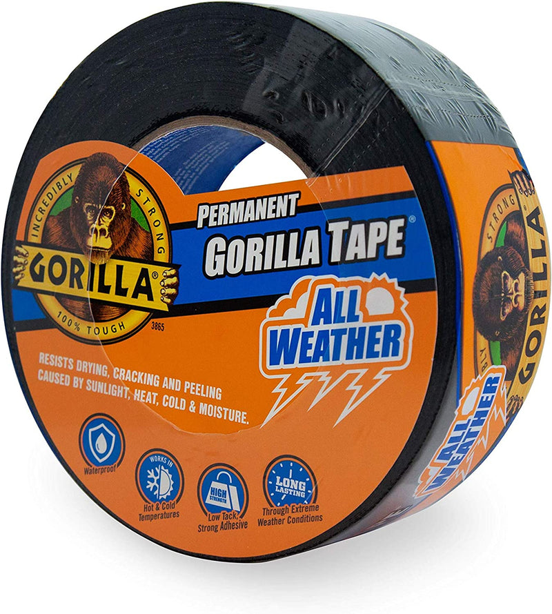 Gorilla Permanent All Weather Tape, Duct Tape, Utility Tape, Waterproof, Indoor & Outdoor, UV and Temperature Resistant, 48Mm X 22.8M, Black, (Pack of 1), GG101792