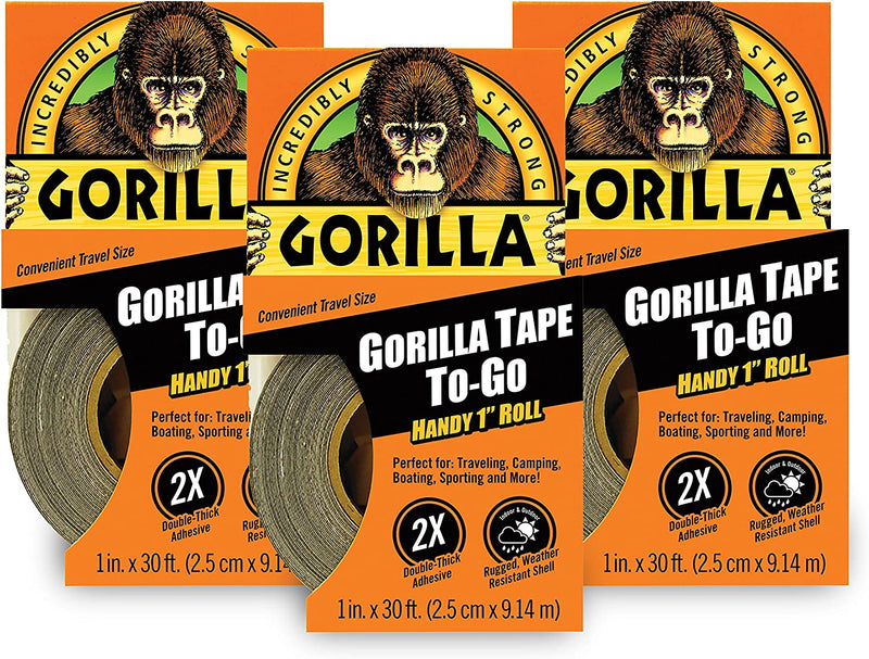 Gorilla Tape, Mini Duct Tape To-Go, 1" X 10 Yd Travel Size, Black, (Pack of 3)