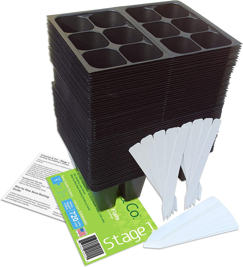 144 Cells Seedling Starter Trays, 10 Plant Labels and Quick Start Guide, Made in USA, Refill Kit, (2 Flats: 24 Trays; 6-Cells per Tray, Medium Size); Stage 1 by Coconut & Co.