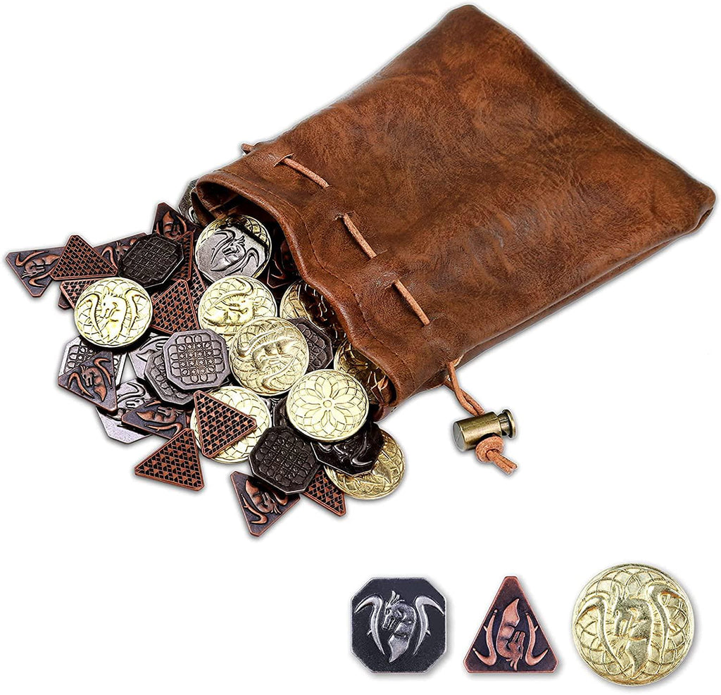  50 PCS Gold Coins & PU Leather Bag, DND Metal Coins, Fantasy  Coins Treasure for Board Games, Fake Coins As Game Tokens for Dungeons &  Dragons, Tabletop TTRPG Games Medieval Retro