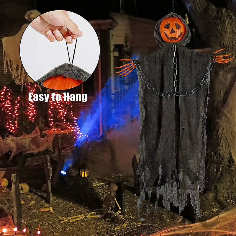 DR.DUDU Halloween Decorations 6 FT Hanging Ghost Pumpkin with Creepy Voice & Glowing Eyes, Pumpkin Grim Reapers Outdoor Party Decor for Yard Tree Porch Haunted House Prop