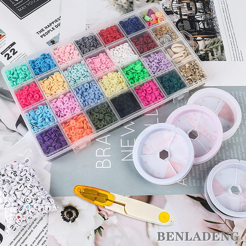 6950Pcs Clay Beads for Bracelet Making Kits 28 Color Flat Round Polymer Clay  Beads 6mm Heishi Clay Beads with Charms Kit and Elastic Strings for Jewelry  Making …