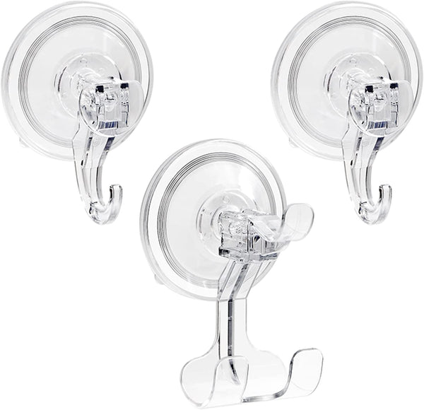 3 Pack Suction Hooks, Geeric Shower Suction Hooks Powerful Push and Lock Vacuum Waterproof Suction Hanger Cup Hook Holder Towel Bathrobe Loofah Reusable Razor Hook for Shower Kitchen and Bathroom