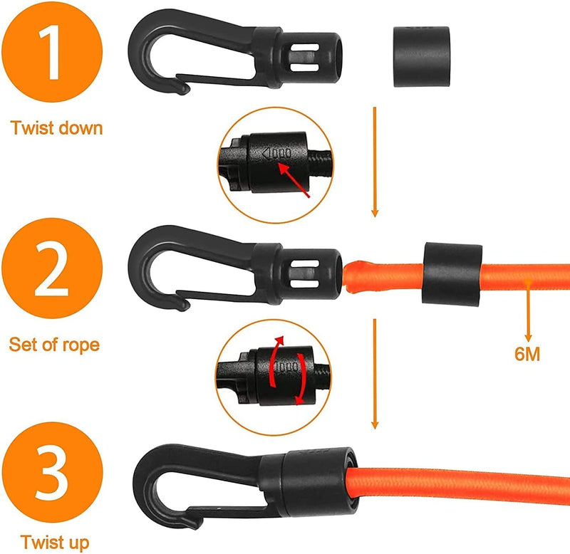 1/4" X 20Ft Bungee Shock Cord, Elastic Nylon Cords Kayak Stretch String Rope Tie down Strap with Hooks, 4Pcs Ball Bungee Cords, 2Pcs Tarp Clips Heavy Duty Lock Grip for Kayak Boat Camping Accessories