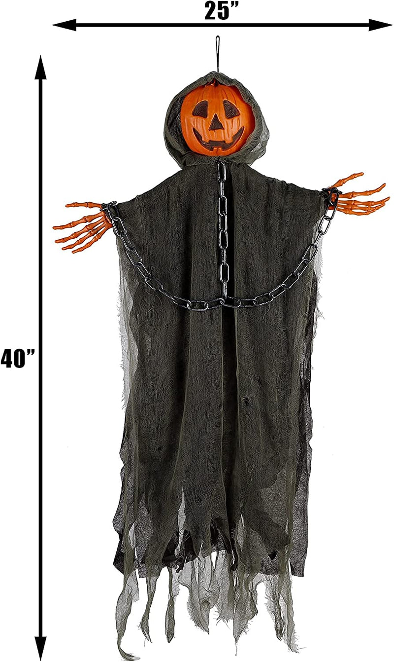 DR.DUDU Halloween Decorations 6 FT Hanging Ghost Pumpkin with Creepy Voice & Glowing Eyes, Pumpkin Grim Reapers Outdoor Party Decor for Yard Tree Porch Haunted House Prop