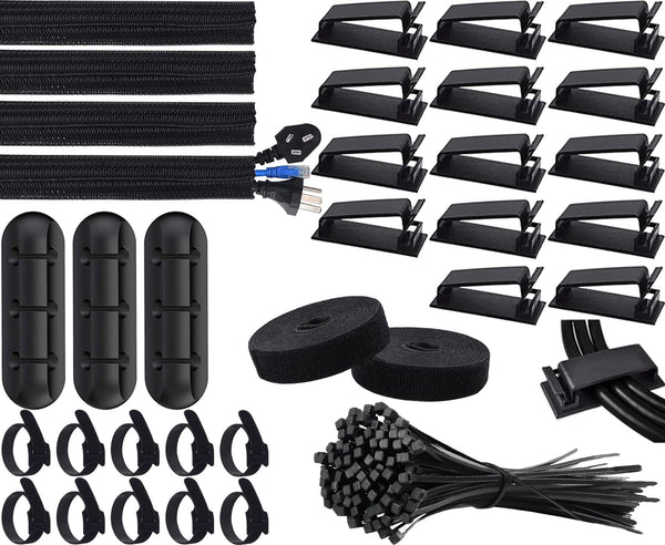 SOULWIT® 134Pcs Cable Management Kit, 4 Tubing Cable Sleeve, 3 Silicone Cable Holder, 10+2 Roll Cable Organizer Straps, 15 Large Cord Clips and 100 Wire Fastening Ties for TV PC under Desk Home Office