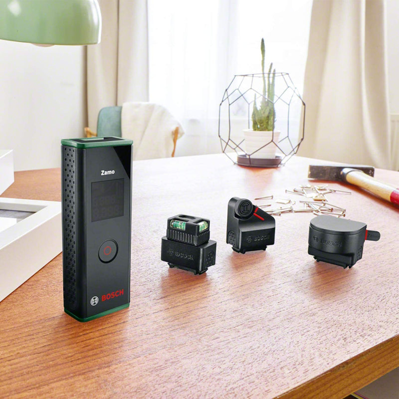 Bosch Zamo III Set Premium 4 in 1 Digital Laser Measurer 20M (Range Finder,  Tape Adapter, Wheel Adapter, Line Adapter and 2 X AAA Batteries Included)
