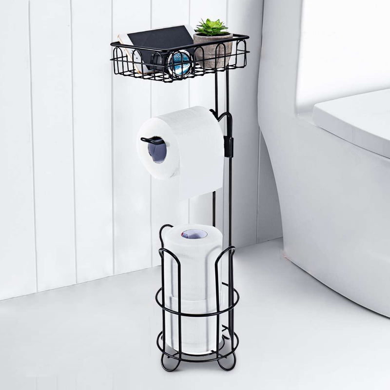 Toilet Paper Holder Stand- Tissue Paper Roll Storage Dispenser with Shelf for Bathroom Storage Holds Reserved Mega Rolls /Wipe/Phone