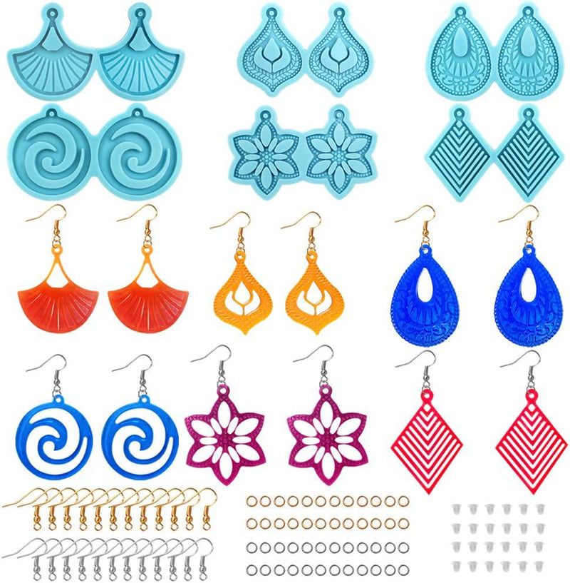 6 Set Earring Resin Molds, AIFUDA Resin Molds Silicone Resin Jewelry Epoxy Resin Earring Mold DIY Pendant Molds with Ear Hooks Jump Ring Earring Back