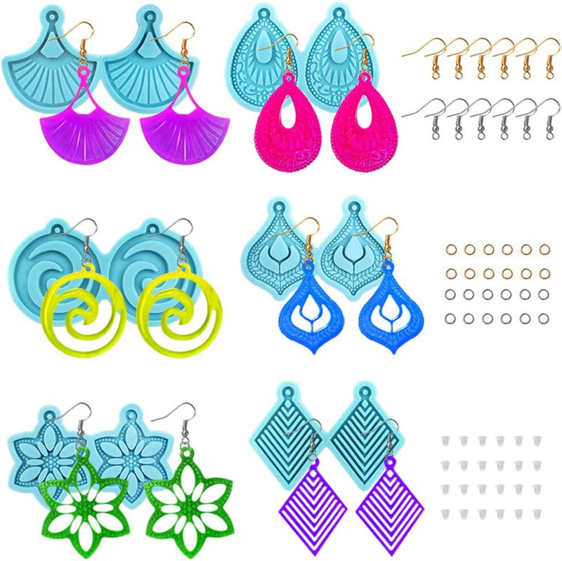 6 Set Earring Resin Molds, AIFUDA Resin Molds Silicone Resin Jewelry Epoxy Resin Earring Mold DIY Pendant Molds with Ear Hooks Jump Ring Earring Back