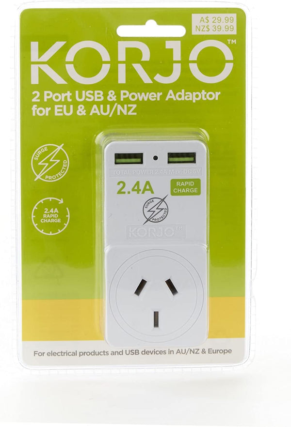 Korjo EU USB Power Adaptor, 2X USB Sockets, 1X AUS/NZ Socket, for Europe