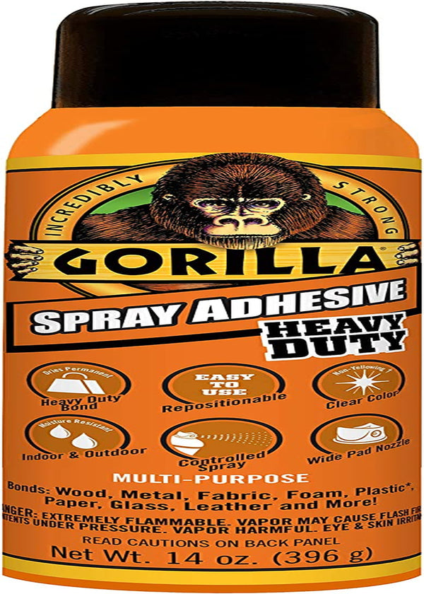Gorilla Spray Adhesive, Heavy Duty, Multi-Purpose, Dries Permanent, Indoor & Outdoor, Wide Pad Nozzle, Controlled Spray, Clear, 396G/14Oz, (Pack of 1), GG101741