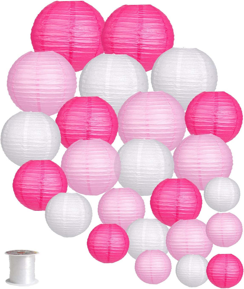 24Pcs round Paper Lanterns for Wedding Birthday Party Baby Showers Decoration Pink/White