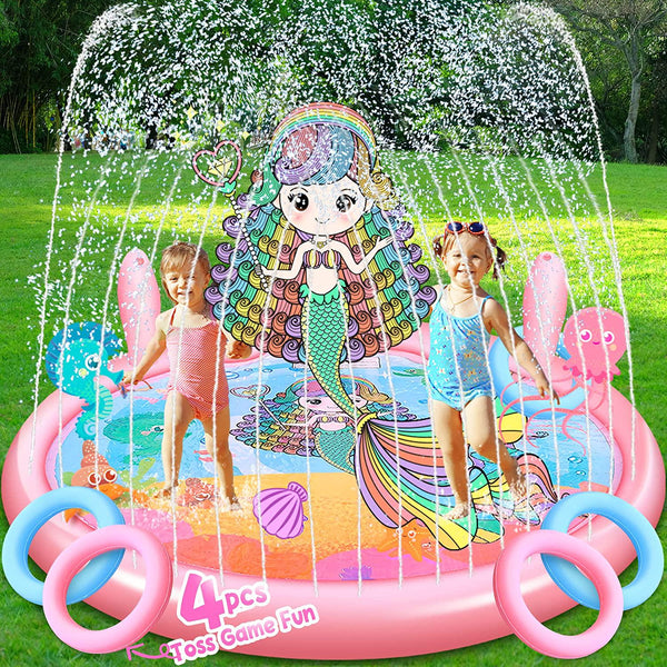 70 Sprinkler for Kids, 4-in-1 Summer Splash Pad with Inflatable Toss Rings, Pink Crab Backyard Fountain Play Mat to Create Great Outdoor Splash Water Fun Activity for Boys and Girls