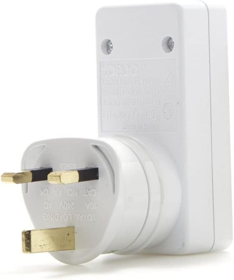 Korjo UK USB Power Adaptor, 2X USB Sockets, 1X AUS/NZ Socket, for England, United Kingdom, White