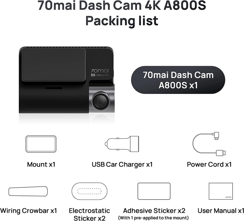 70mai True 4K Dash Cam A800S with Sony IMX415, Front and Rear, Built in  GPS, Super Night Vision, 3'' IPS LCD, Parking Mode, ADAS, Loop Recording