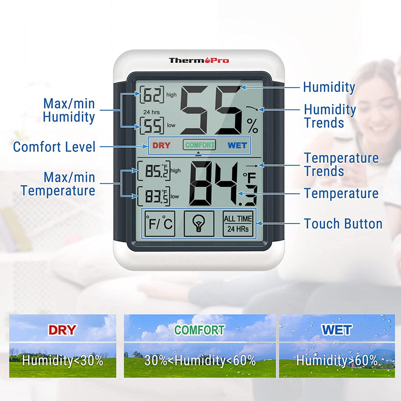 Thermopro TP55 Digital Hygrometer Indoor Thermometer Humidity Gauge with Jumbo Touchscreen and Backlight Temperature Humidity Monitor