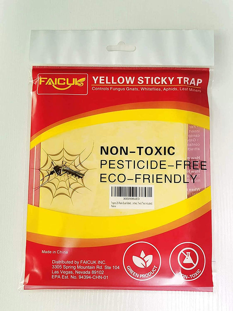 Trapro 20-Pack Dual-Sided Yellow Sticky Traps for Flying Plant Insect like Fungus Gnats Aphids Whiteflies Leafminers - (6X8 Inches Twist Ties Included)