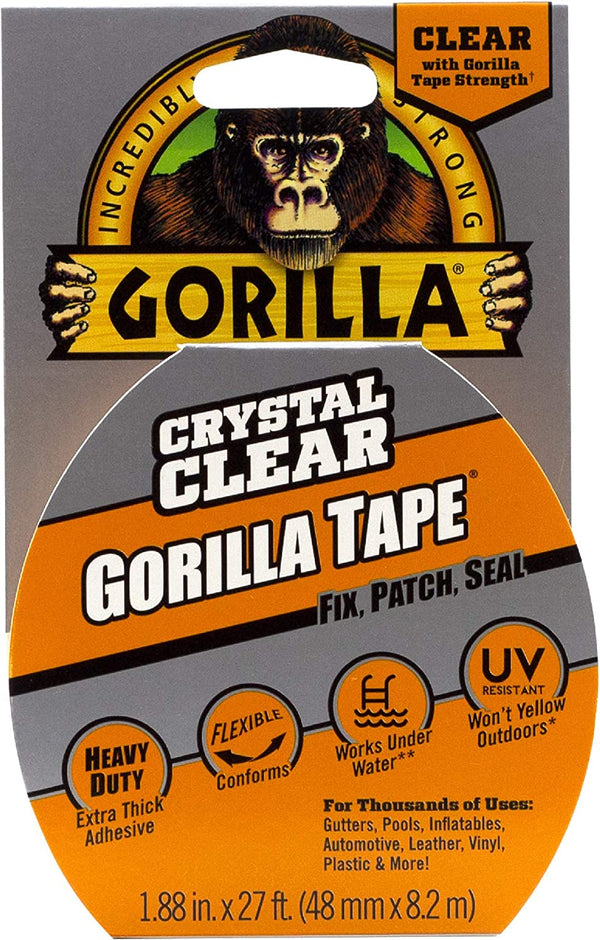 Gorilla Crystal Clear Tape, Duct, Utility, Non-Yellowing, Heavy Duty, Extra Thick Adhesive, Flexible, UV Temperature Resistant, 48Mm X 8.2M, (Pack of 1), GG60270