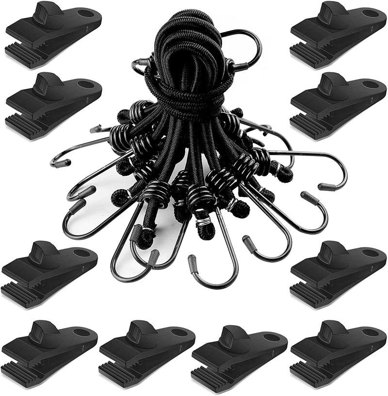 Vashly Bungee Cords with Hooks 20 Pack 12 Inch Bungee Cords Heavy Duty Outdoor with Tarp Clips, Black Bungee Straps with Metal Hooks for Bikes Tie Downs Camping Cargo Luggage Outdoor