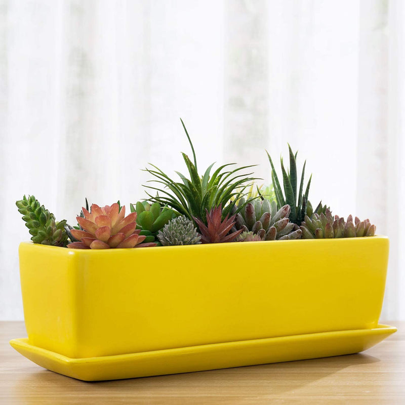 Mygift 14 Inch Modern Ceramic Indoor Plant Pot with Drainage Hole, Rectangular Succulent Planter Window Box with Removable Saucer, Yellow