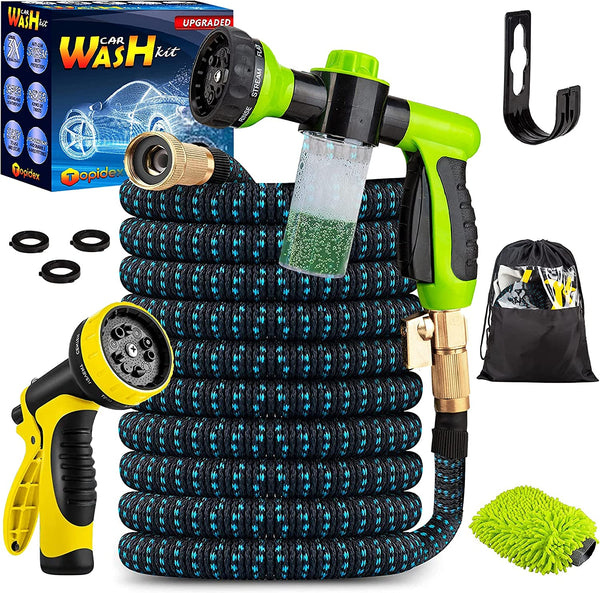 Topidex Car Wash Kit, Expandable Garden Hose 50 FT - with High Pressure Spray Nozzle - Soap Dispensing Sprayer Gun - 9 Spray + 3 Foam Spraying Patterns with Storage Bag, Hanger & 3 Extra Washers